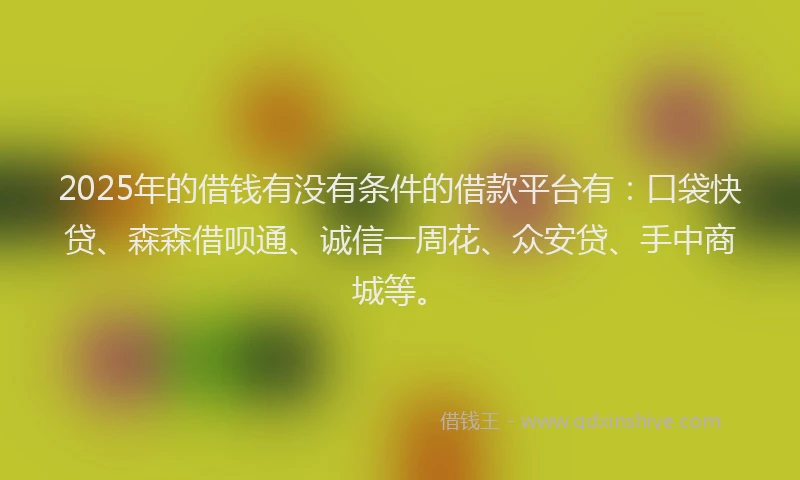 2025年的借钱有没有条件的借款平台有：口袋快贷、森森借呗通、诚信一周花、众安贷、手中商城等。