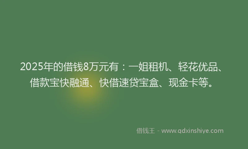 2025年的借钱8万元有：一姐租机、轻花优品、借款宝快融通、快借速贷宝盒、现金卡等。