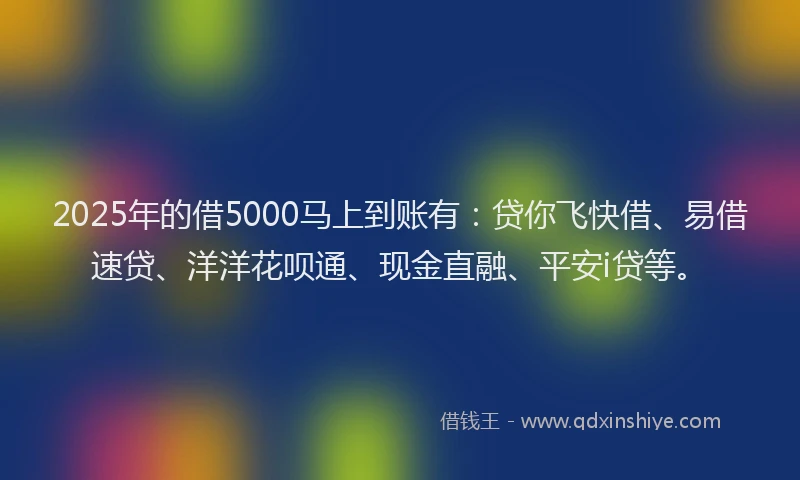 2025年的借5000马上到账有：贷你飞快借、易借速贷、洋洋花呗通、现金直融、平安i贷等。