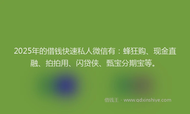 2025年的借钱快速私人微信有：蜂狂购、现金直融、拍拍用、闪贷侠、甄宝分期宝等。
