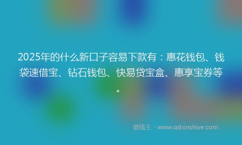 2025年的什么新口子容易下款有：惠花钱包、钱袋速借宝、钻石钱包、快易贷宝盒、惠享宝券等。
