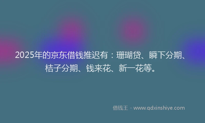 2025年的京东借钱推迟有：珊瑚贷、瞬下分期、桔子分期、钱来花、新一花等。
