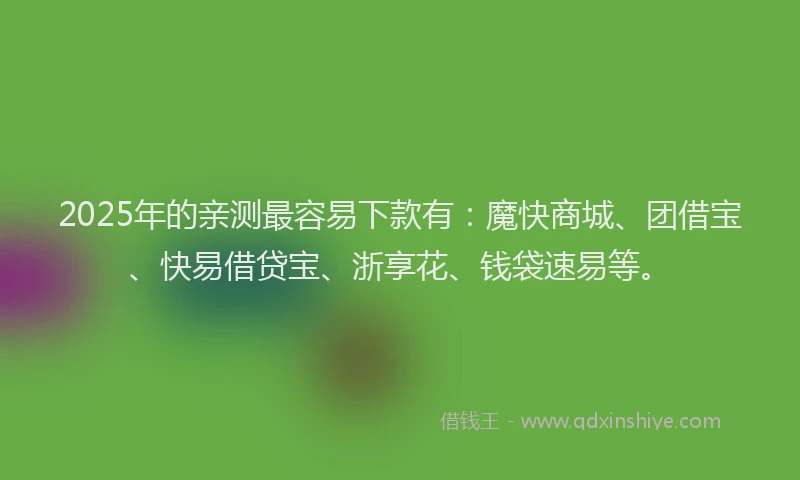 2025年的亲测最容易下款有：魔快商城、团借宝、快易借贷宝、浙享花、钱袋速易等。