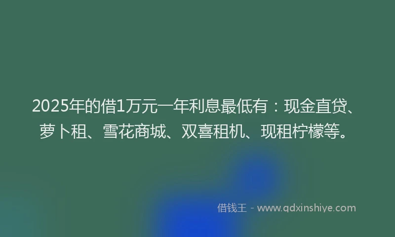 2025年的借1万元一年利息最低有：现金直贷、萝卜租、雪花商城、双喜租机、现租柠檬等。
