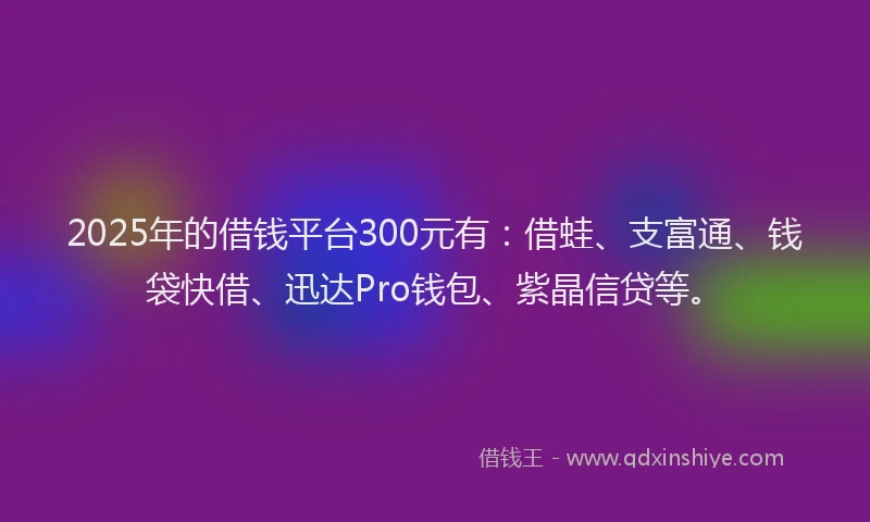 2025年的借钱平台300元有：借蛙、支富通、钱袋快借、迅达Pro钱包、紫晶信贷等。