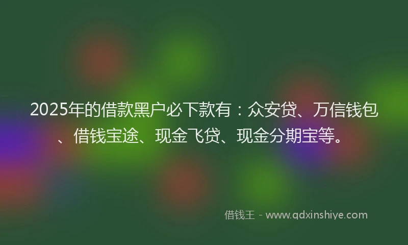 2025年的借款黑户必下款有：众安贷、万信钱包、借钱宝途、现金飞贷、现金分期宝等。