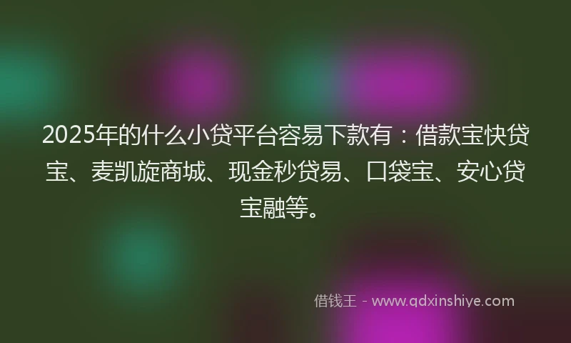 2025年的什么小贷平台容易下款有：借款宝快贷宝、麦凯旋商城、现金秒贷易、口袋宝、安心贷宝融等。