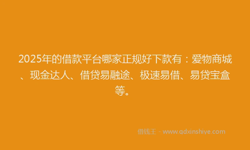 2025年的借款平台哪家正规好下款有：爱物商城、现金达人、借贷易融途、极速易借、易贷宝盒等。