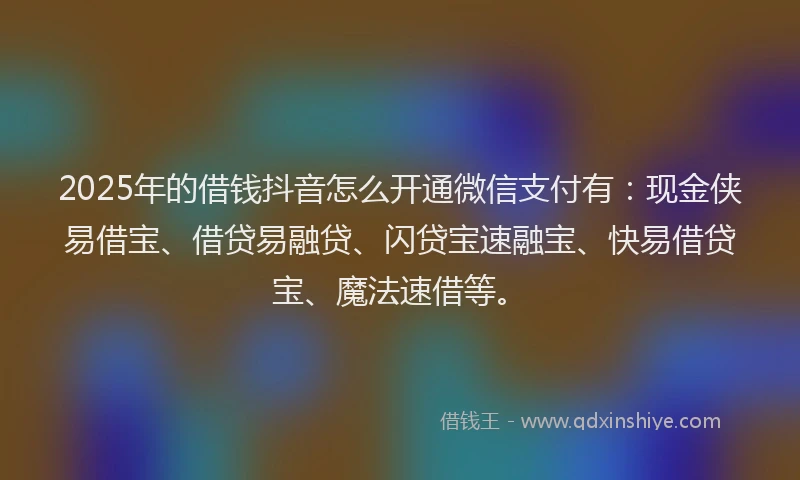 2025年的借钱抖音怎么开通微信支付有：现金侠易借宝、借贷易融贷、闪贷宝速融宝、快易借贷宝、魔法速借等。