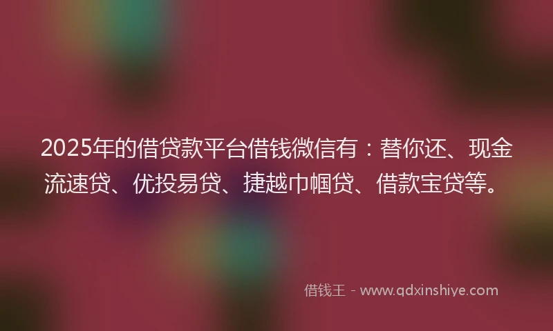 2025年的借贷款平台借钱微信有：替你还、现金流速贷、优投易贷、捷越巾帼贷、借款宝贷等。