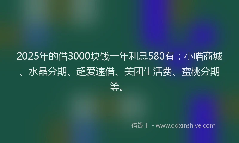 2025年的借3000块钱一年利息580有：小喵商城、水晶分期、超爱速借、美团生活费、蜜桃分期等。
