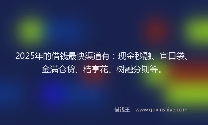 2025年的借钱最快渠道有：现金秒融、宜口袋、金满仓贷、桔享花、树融分期等。