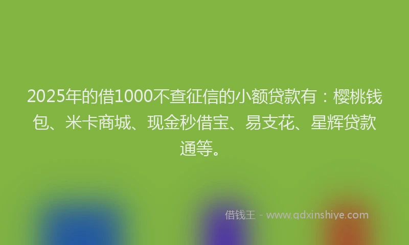2025年的借1000不查征信的小额贷款有：樱桃钱包、米卡商城、现金秒借宝、易支花、星辉贷款通等。