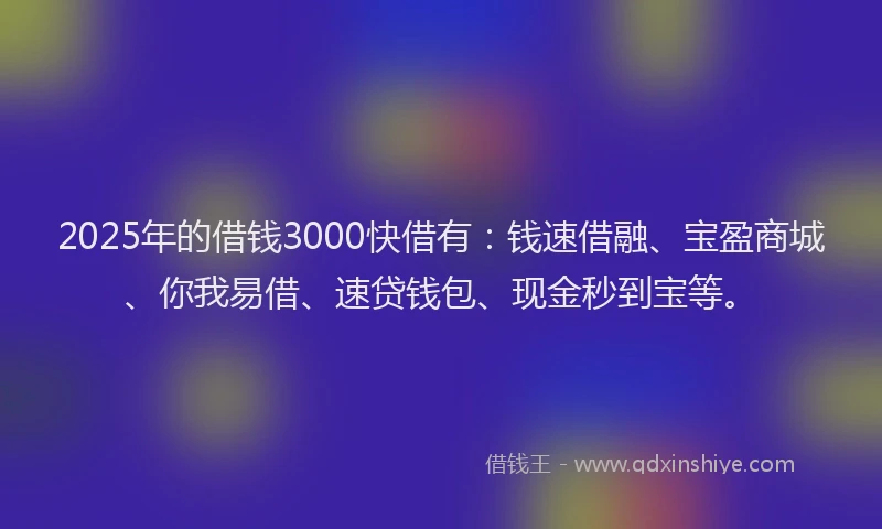 2025年的借钱3000快借有：钱速借融、宝盈商城、你我易借、速贷钱包、现金秒到宝等。