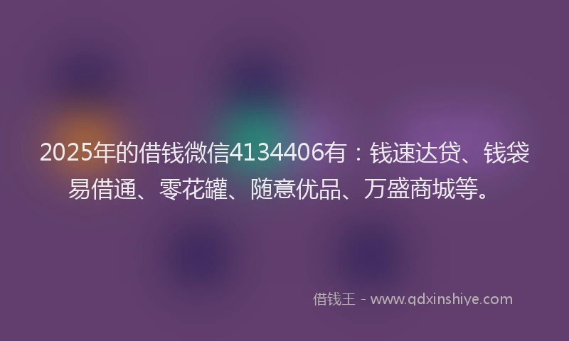 2025年的借钱微信4134406有：钱速达贷、钱袋易借通、零花罐、随意优品、万盛商城等。