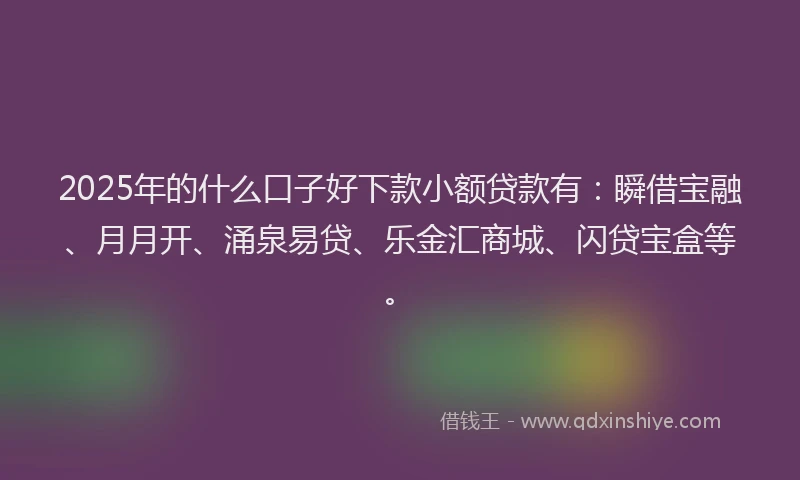 2025年的什么口子好下款小额贷款有：瞬借宝融、月月开、涌泉易贷、乐金汇商城、闪贷宝盒等。