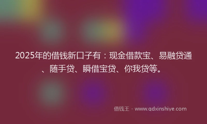 2025年的借钱新口子有：现金借款宝、易融贷通、随手贷、瞬借宝贷、你我贷等。