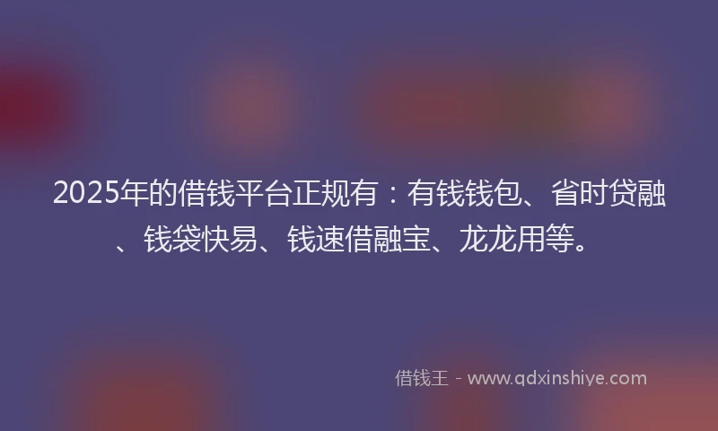 2025年的借钱平台正规有：有钱钱包、省时贷融、钱袋快易、钱速借融宝、龙龙用等。