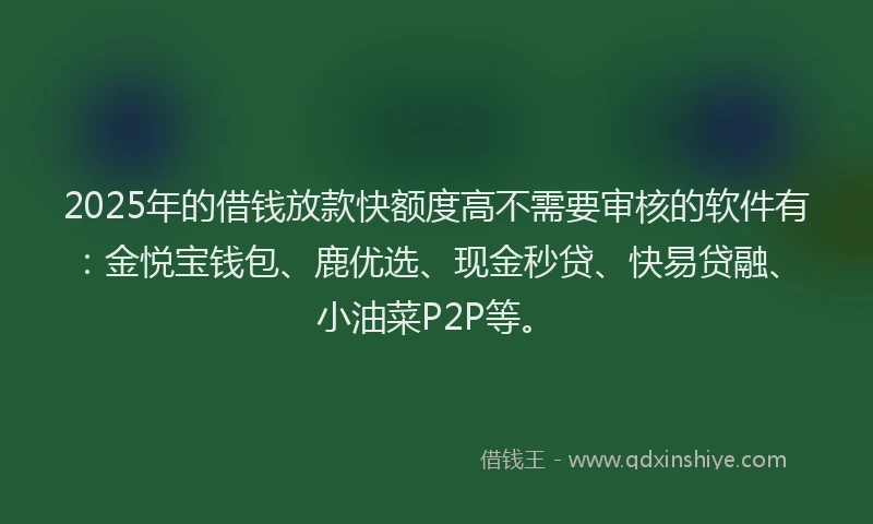 2025年的借钱放款快额度高不需要审核的软件有：金悦宝钱包、鹿优选、现金秒贷、快易贷融、小油菜P2P等。