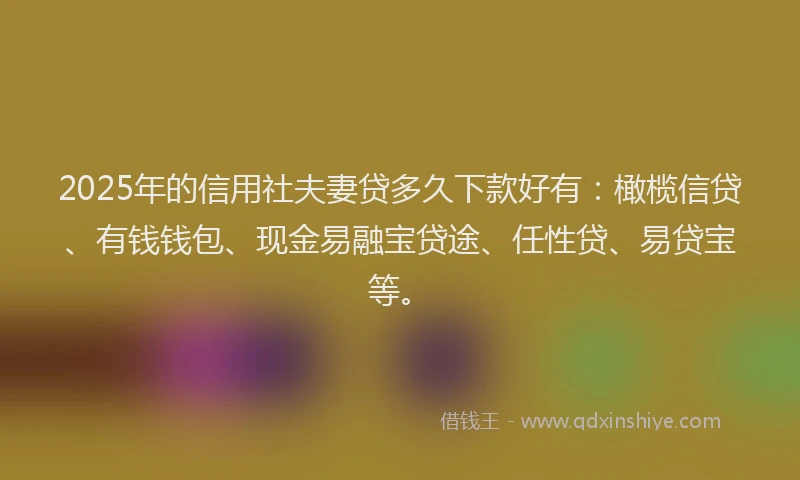 2025年的信用社夫妻贷多久下款好有：橄榄信贷、有钱钱包、现金易融宝贷途、任性贷、易贷宝等。