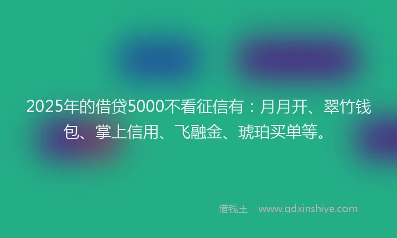 2025年的借贷5000不看征信有：月月开、翠竹钱包、掌上信用、飞融金、琥珀买单等。