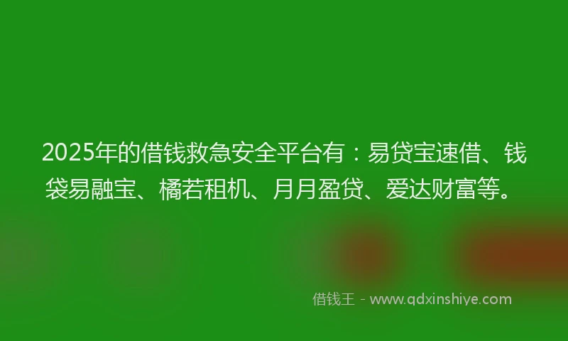 2025年的借钱救急安全平台有：易贷宝速借、钱袋易融宝、橘若租机、月月盈贷、爱达财富等。