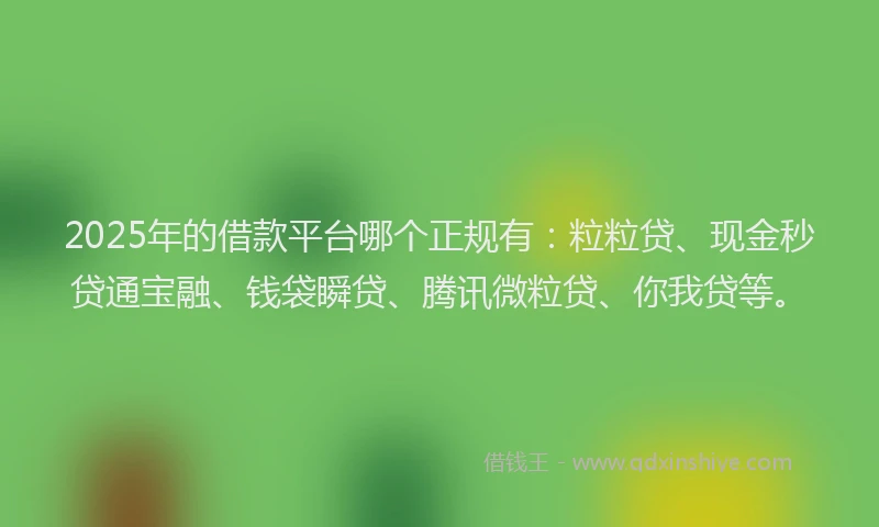 2025年的借款平台哪个正规有：粒粒贷、现金秒贷通宝融、钱袋瞬贷、腾讯微粒贷、你我贷等。