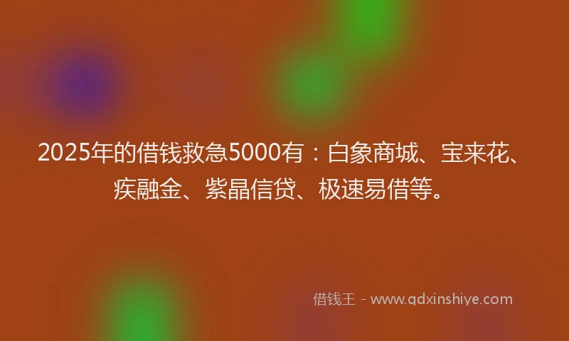 2025年的借钱救急5000有：白象商城、宝来花、疾融金、紫晶信贷、极速易借等。