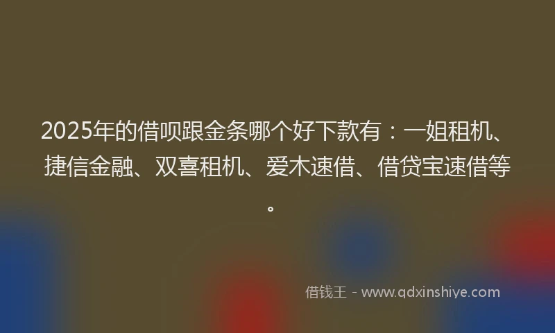 2025年的借呗跟金条哪个好下款有：一姐租机、捷信金融、双喜租机、爱木速借、借贷宝速借等。