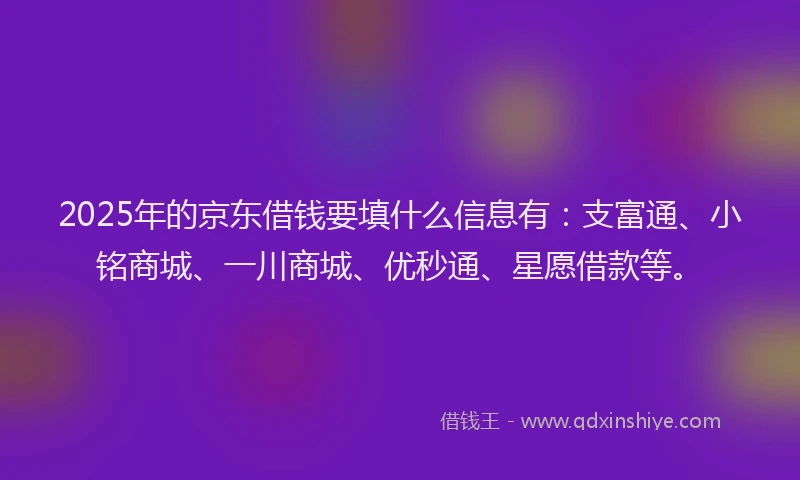 2025年的京东借钱要填什么信息有：支富通、小铭商城、一川商城、优秒通、星愿借款等。