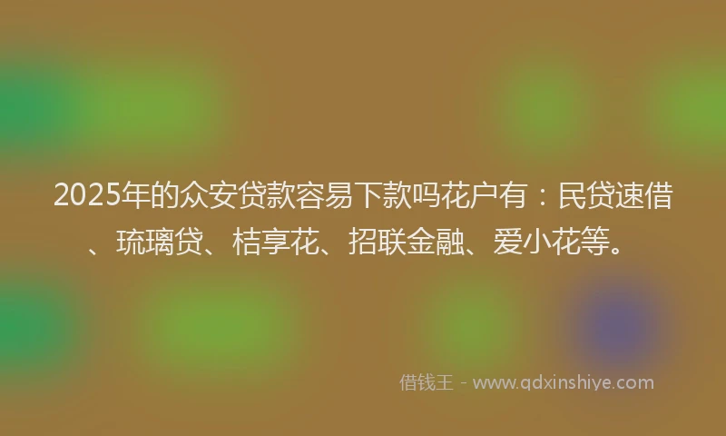 2025年的众安贷款容易下款吗花户有：民贷速借、琉璃贷、桔享花、招联金融、爱小花等。
