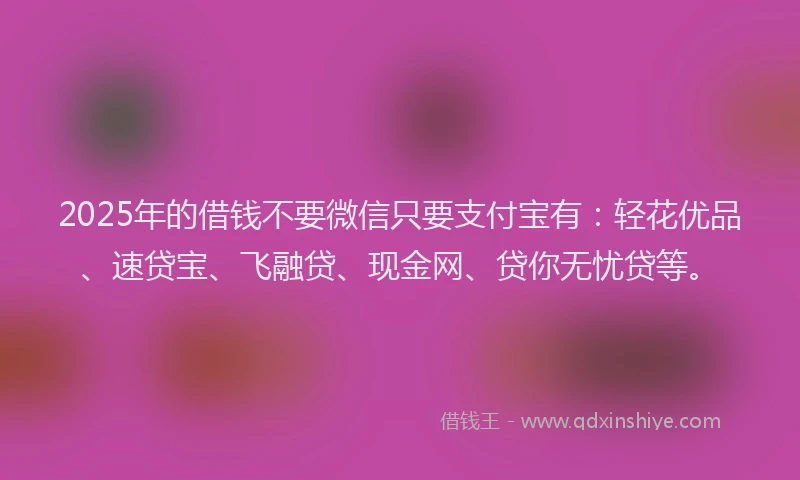 2025年的借钱不要微信只要支付宝有：轻花优品、速贷宝、飞融贷、现金网、贷你无忧贷等。