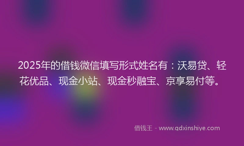 2025年的借钱微信填写形式姓名有：沃易贷、轻花优品、现金小站、现金秒融宝、京享易付等。