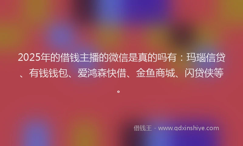2025年的借钱主播的微信是真的吗有：玛瑙信贷、有钱钱包、爱鸿森快借、金鱼商城、闪贷侠等。