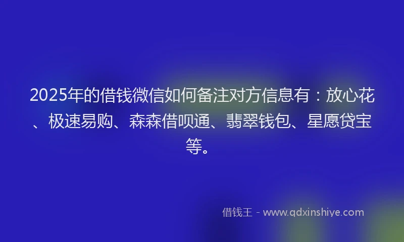 2025年的借钱微信如何备注对方信息有：放心花、极速易购、森森借呗通、翡翠钱包、星愿贷宝等。