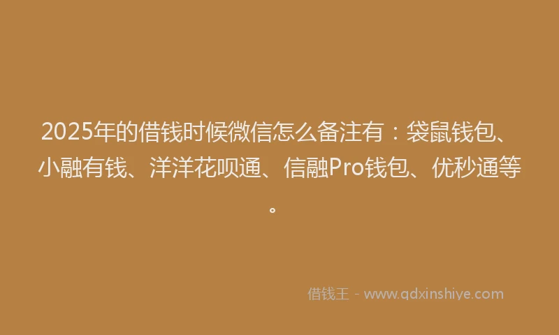 2025年的借钱时候微信怎么备注有：袋鼠钱包、小融有钱、洋洋花呗通、信融Pro钱包、优秒通等。