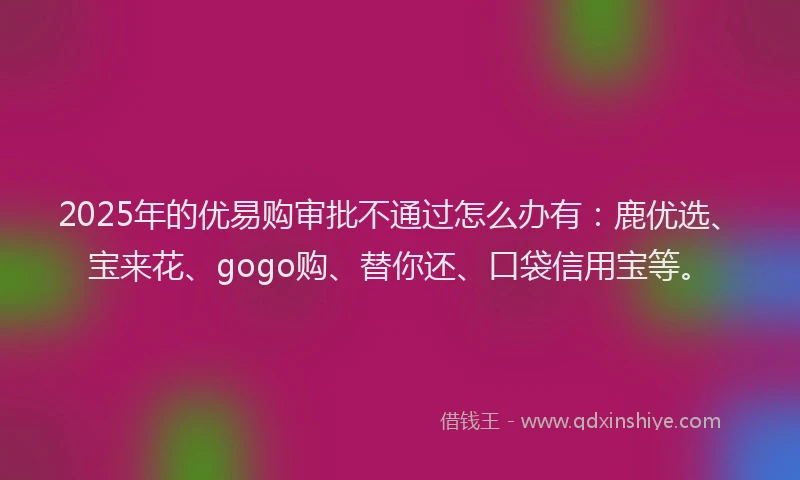 2025年的优易购审批不通过怎么办有：鹿优选、宝来花、gogo购、替你还、口袋信用宝等。