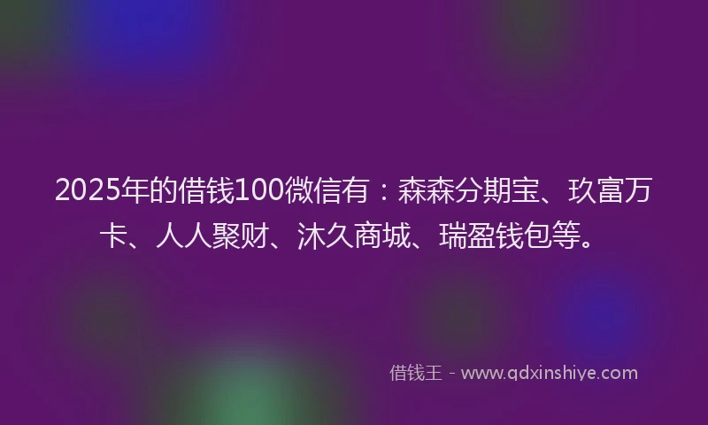 2025年的借钱100微信有：森森分期宝、玖富万卡、人人聚财、沐久商城、瑞盈钱包等。