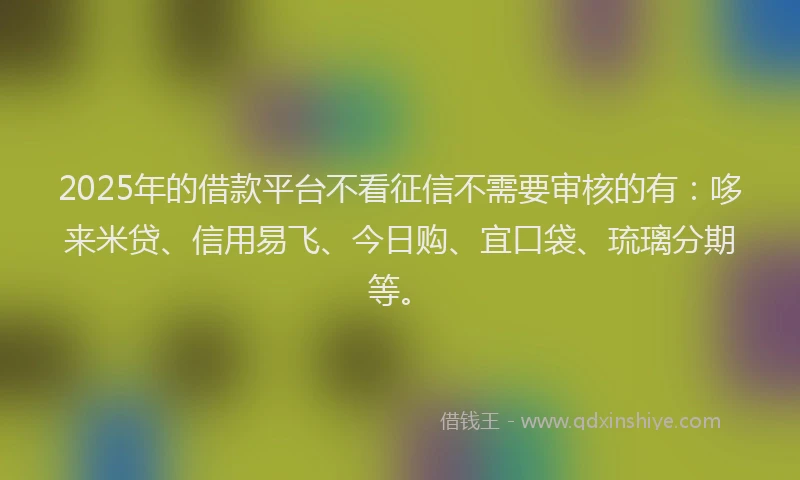 2025年的借款平台不看征信不需要审核的有：哆来米贷、信用易飞、今日购、宜口袋、琉璃分期等。