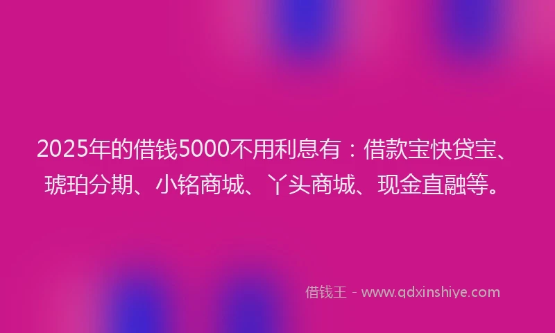 2025年的借钱5000不用利息有：借款宝快贷宝、琥珀分期、小铭商城、丫头商城、现金直融等。