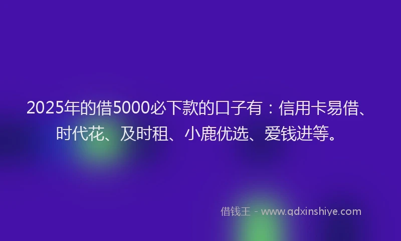 2025年的借5000必下款的口子有：信用卡易借、时代花、及时租、小鹿优选、爱钱进等。