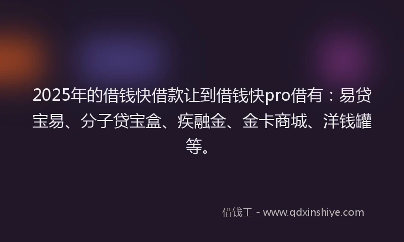 2025年的借钱快借款让到借钱快pro借有：易贷宝易、分子贷宝盒、疾融金、金卡商城、洋钱罐等。