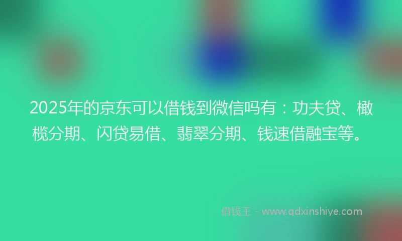 2025年的京东可以借钱到微信吗有：功夫贷、橄榄分期、闪贷易借、翡翠分期、钱速借融宝等。