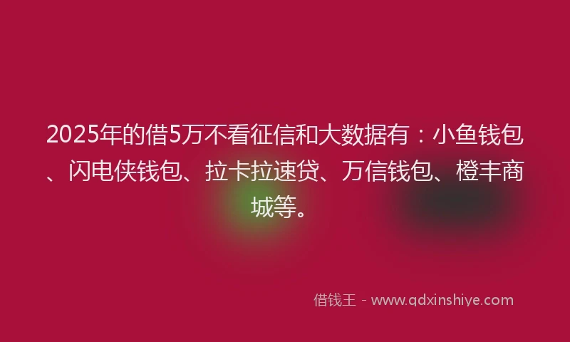 2025年的借5万不看征信和大数据有：小鱼钱包、闪电侠钱包、拉卡拉速贷、万信钱包、橙丰商城等。