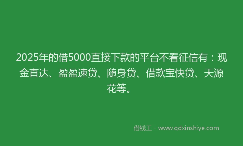 2025年的借5000直接下款的平台不看征信有：现金直达、盈盈速贷、随身贷、借款宝快贷、天源花等。