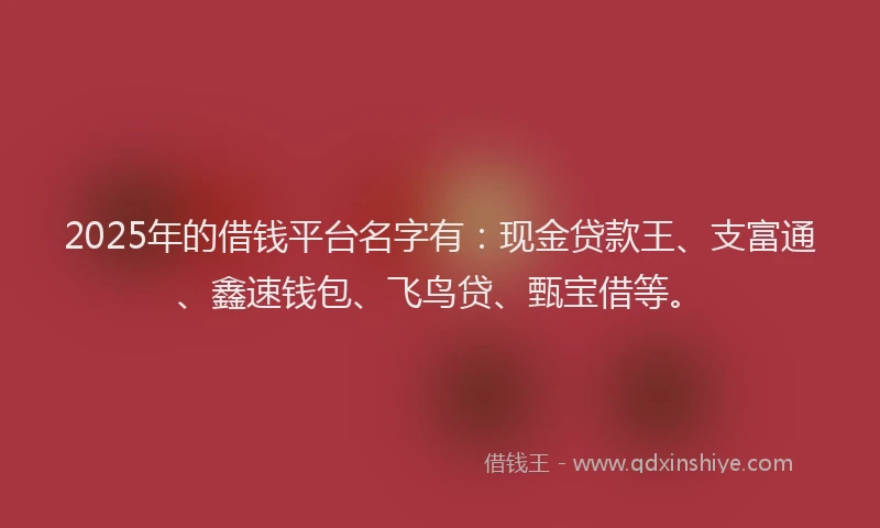 2025年的借钱平台名字有：现金贷款王、支富通、鑫速钱包、飞鸟贷、甄宝借等。