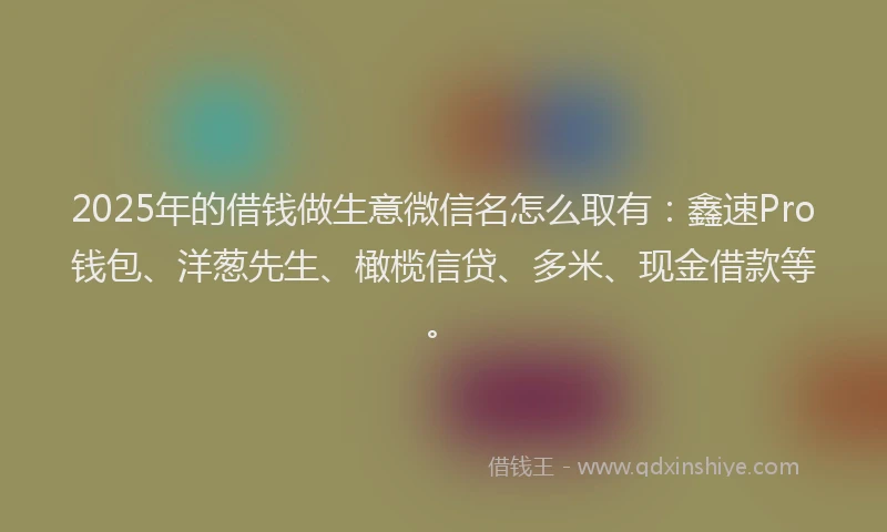 2025年的借钱做生意微信名怎么取有：鑫速Pro钱包、洋葱先生、橄榄信贷、多米、现金借款等。