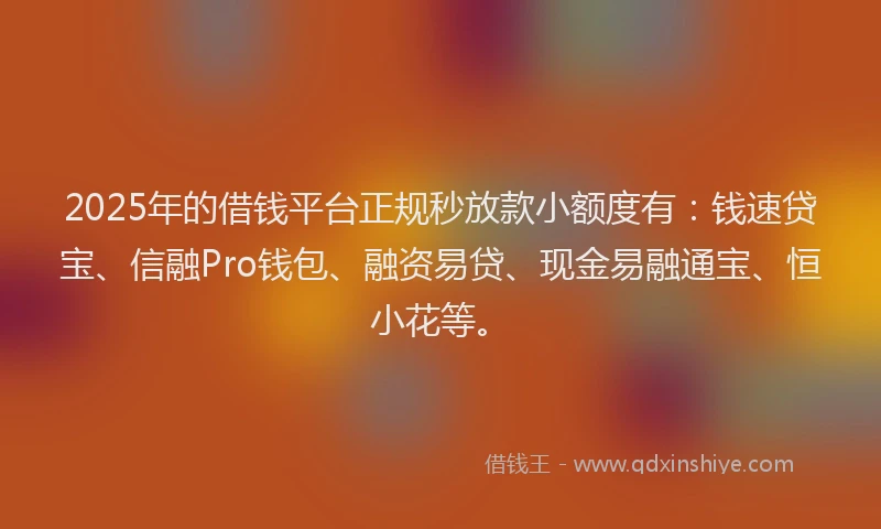 2025年的借钱平台正规秒放款小额度有：钱速贷宝、信融Pro钱包、融资易贷、现金易融通宝、恒小花等。