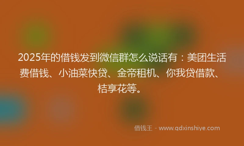2025年的借钱发到微信群怎么说话有：美团生活费借钱、小油菜快贷、金帝租机、你我贷借款、桔享花等。