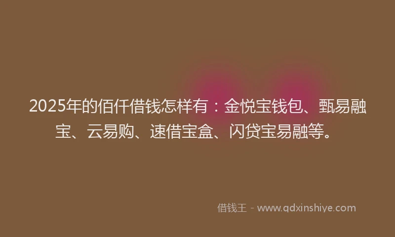 2025年的佰仟借钱怎样有：金悦宝钱包、甄易融宝、云易购、速借宝盒、闪贷宝易融等。